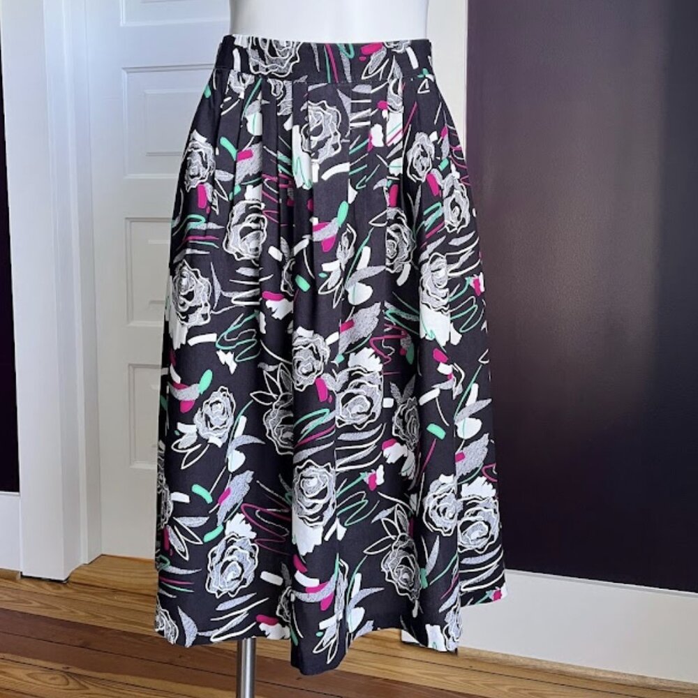 80s funky Black and pink floral print skirt
